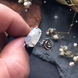 Adjustable Silver Moonstone & Rose Ring - Andune Jewellery