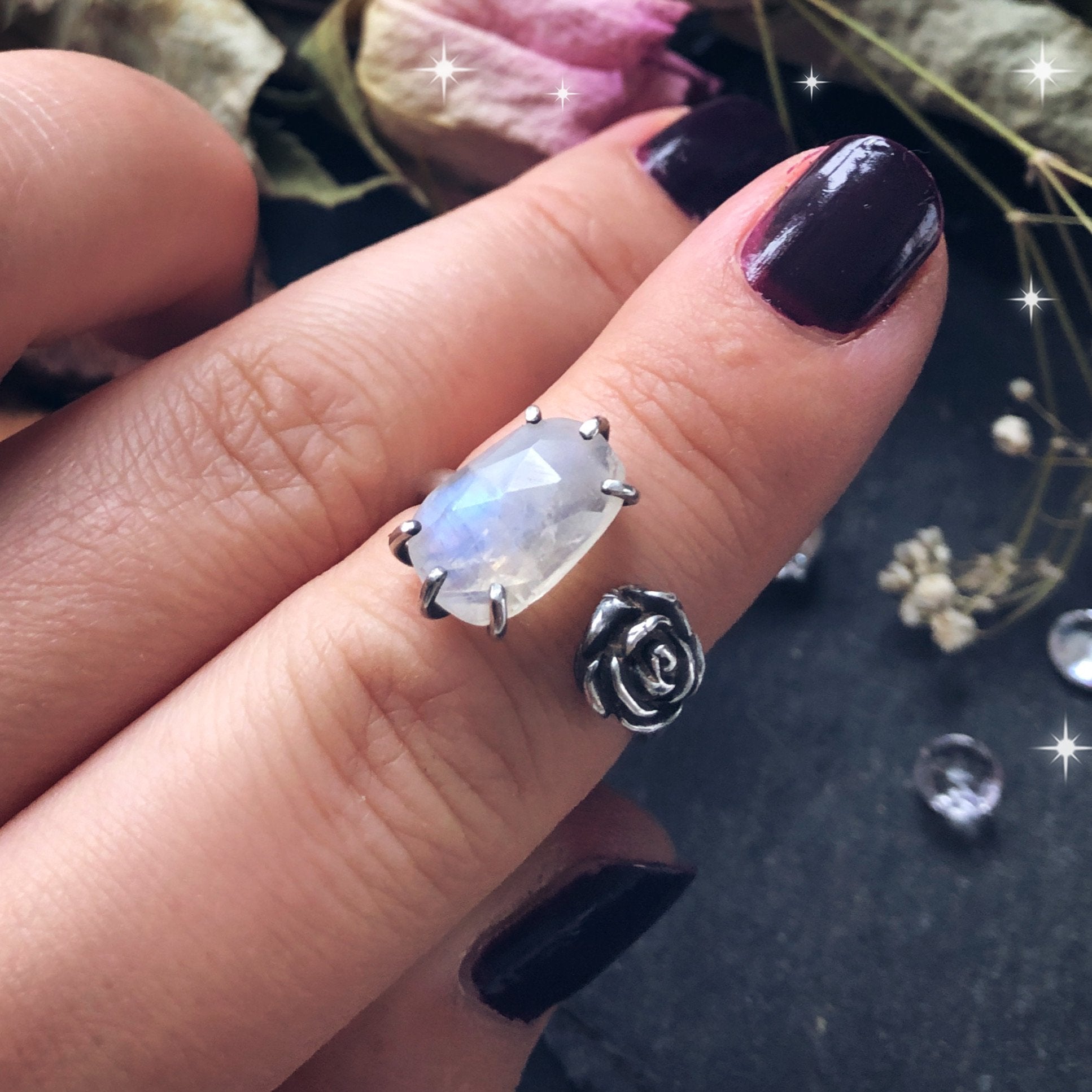Adjustable Silver Moonstone & Rose Ring - Andune Jewellery
