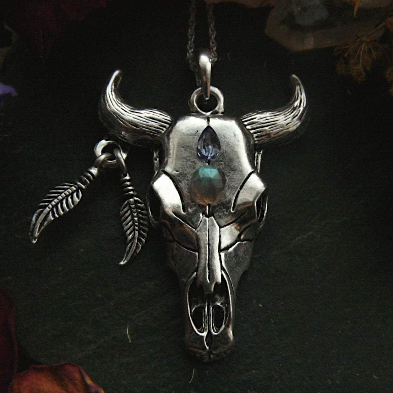 Cattle Skull Necklace with Gemstones - Andune Jewellery