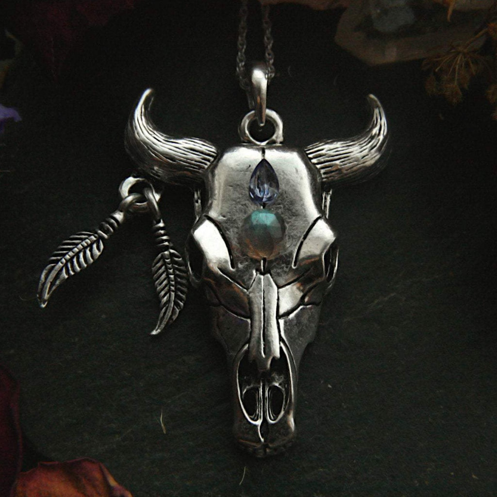 Cattle Skull Necklace with Gemstones - Andune Jewellery