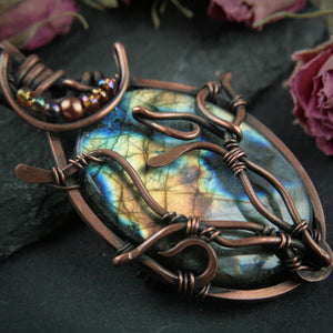 Copper Labradorite Pendant with Crescent Moon and Leaves - Andune Jewellery