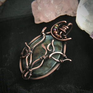 Copper Labradorite Pendant with Crescent Moon and Leaves - Andune Jewellery