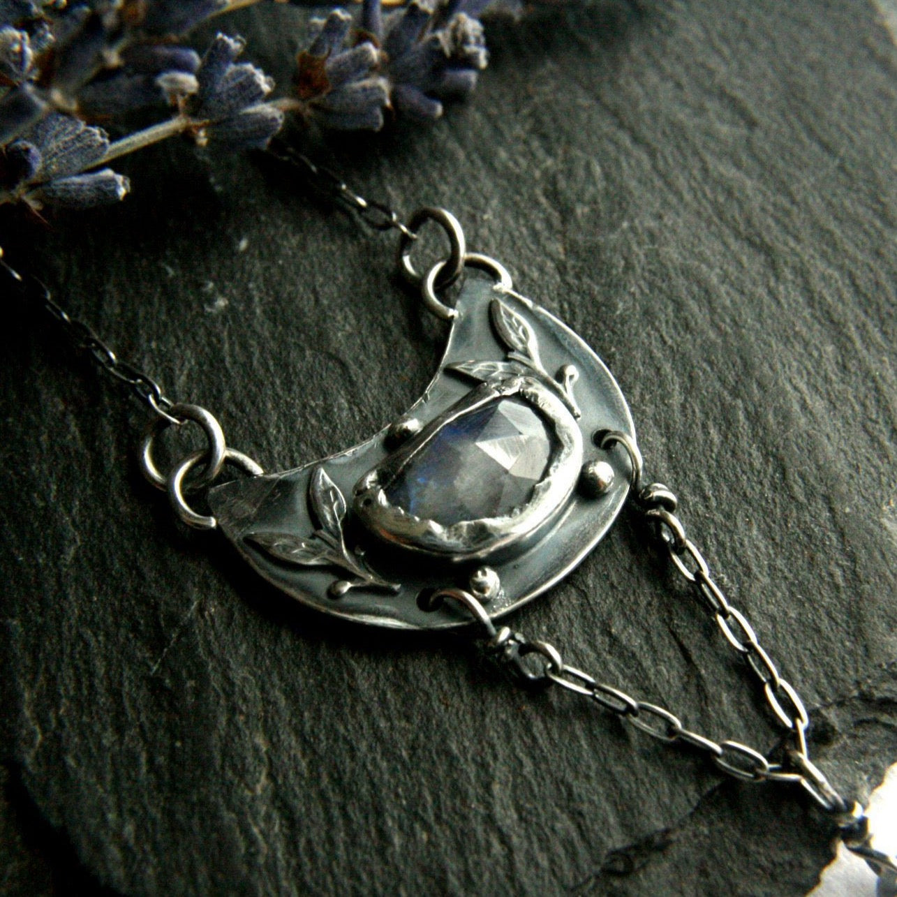 Gothic Lariat Necklace with Moonstone - Andune Jewellery
