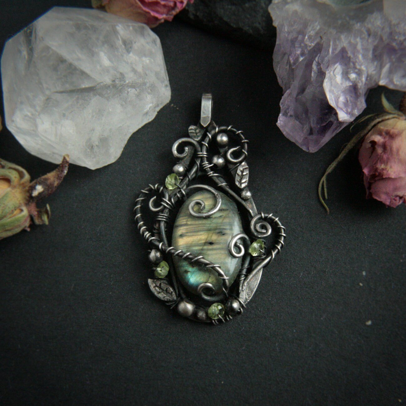 Green Labradorite Pendant with Peridot, Labradorite Necklace, Silver Leaf Necklace, Hollow Knight Inspired - Andune Jewellery