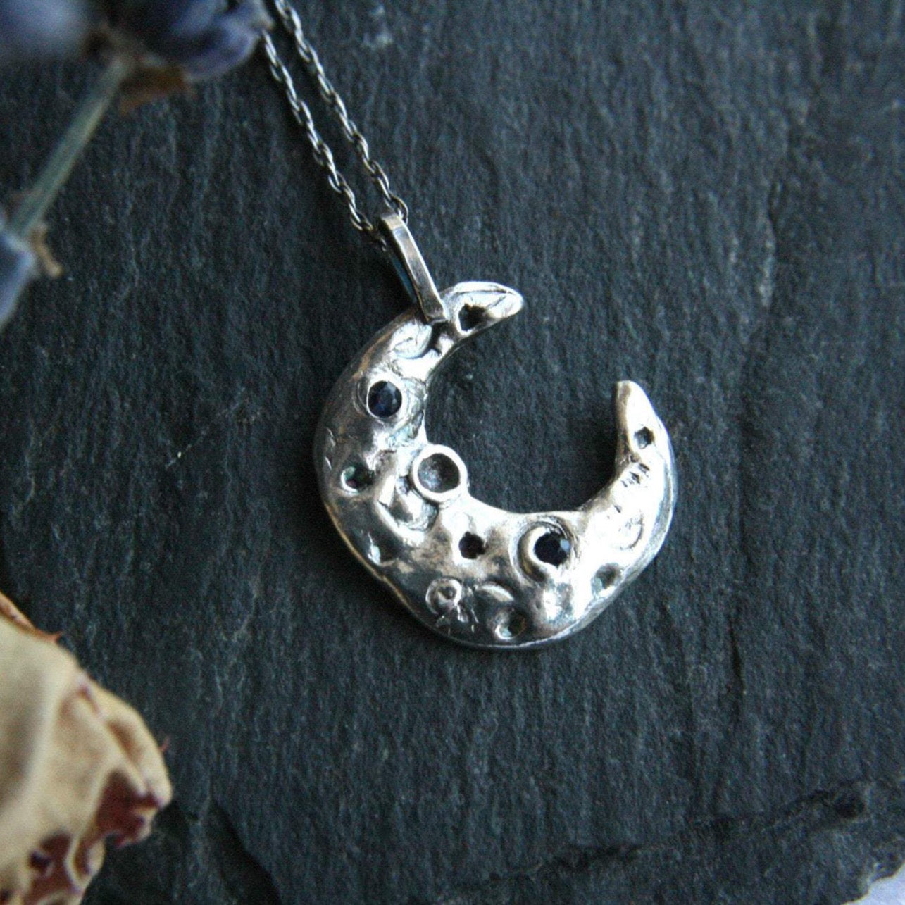 Silver Moon Phase Necklace with Sapphire