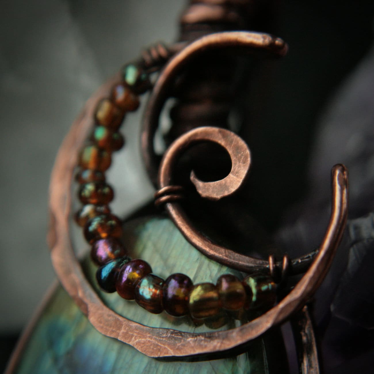 Labradorite Moon Pendant in Wire Wrapped Copper - Andune Jewellery