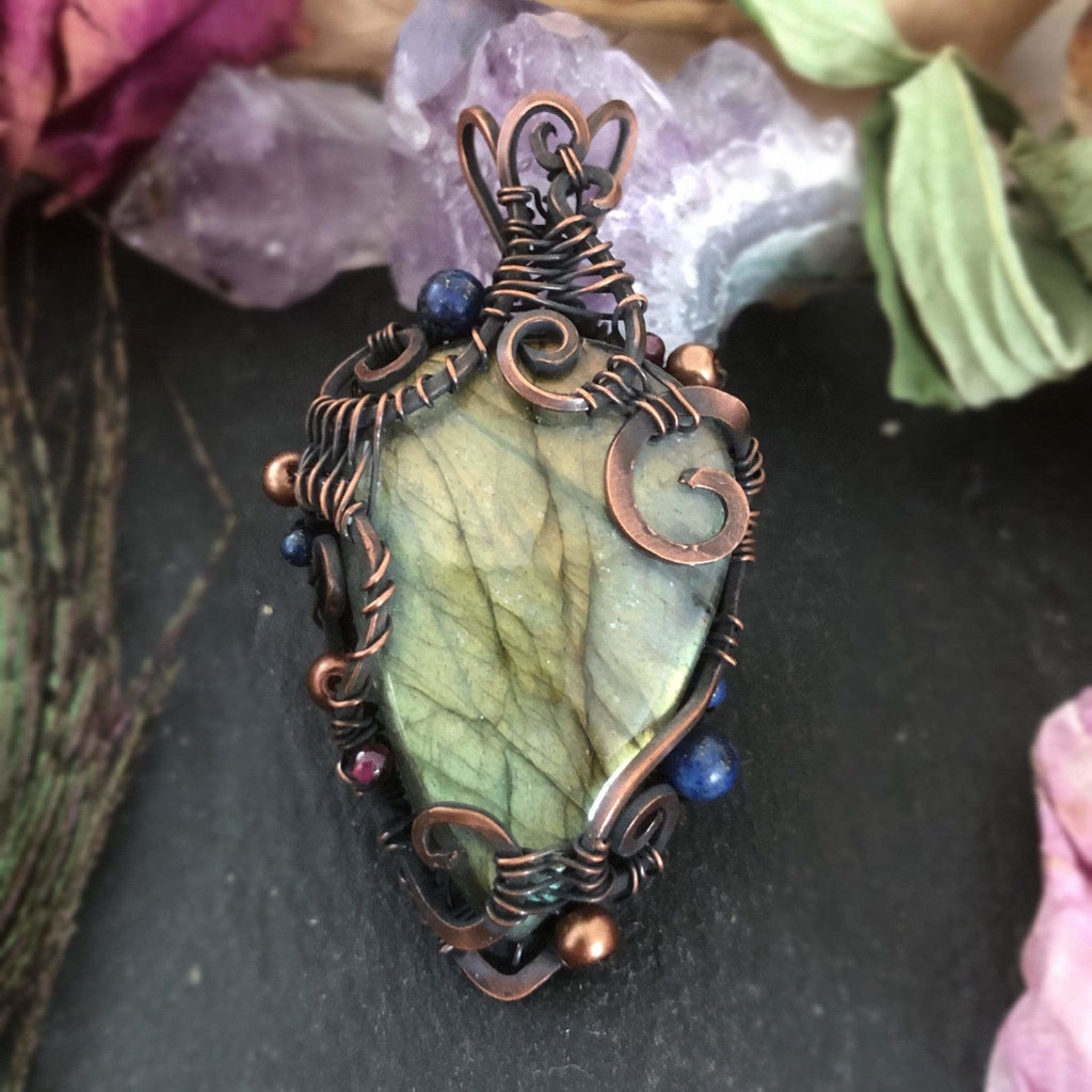 Labradorite Pendant in Wire Wrapped Copper with lapis lazuli and garnet beads - Andune Jewellery