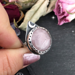 Rose Quartz & Moon Ring Size R (US8.75) - Andune Jewellery