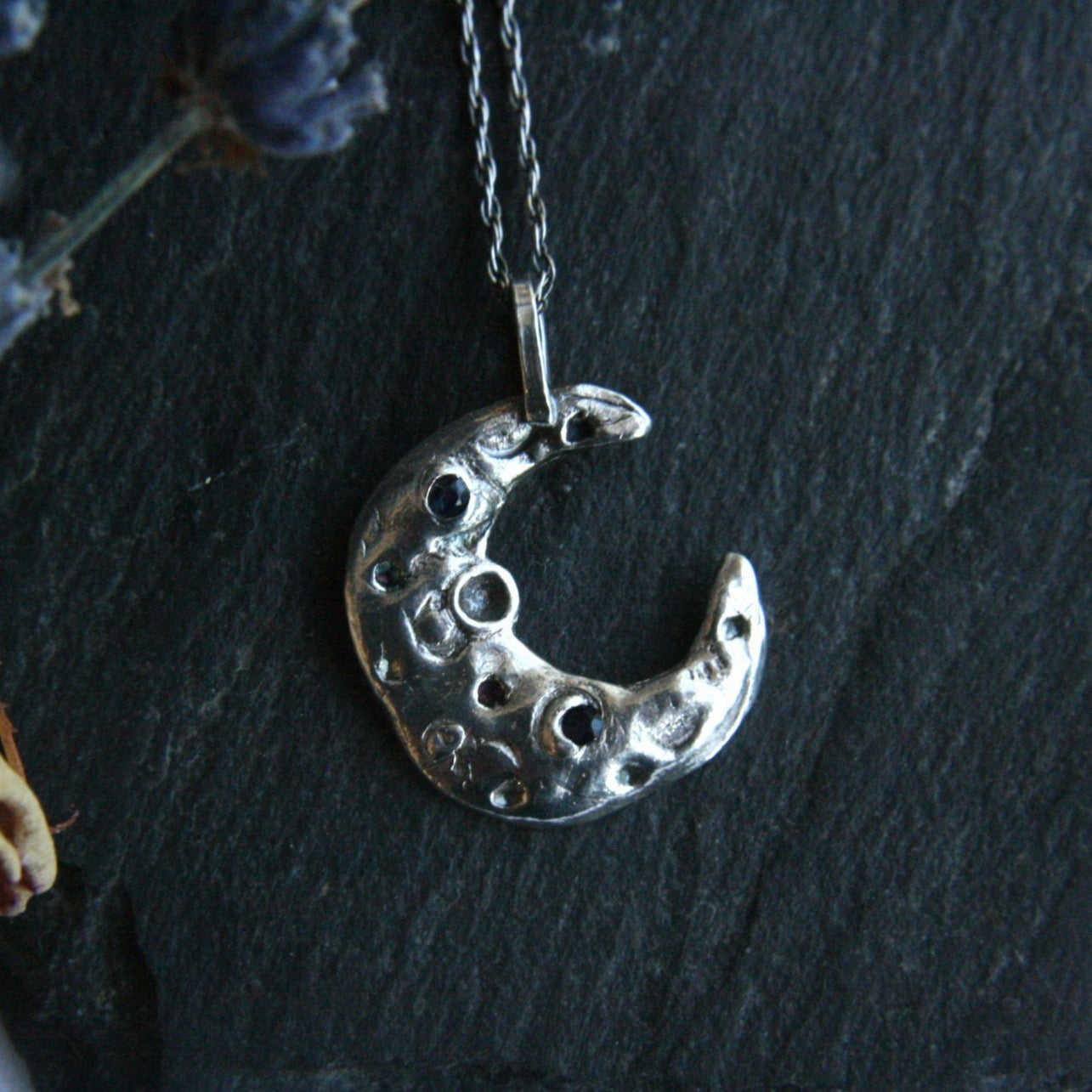 Silver Moon Phase Necklace with Sapphire - Andune Jewellery