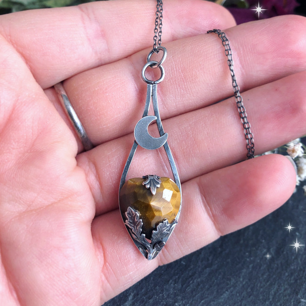 Silver Tiger’s Eye Necklace with Oak Leaves - Andune Jewellery