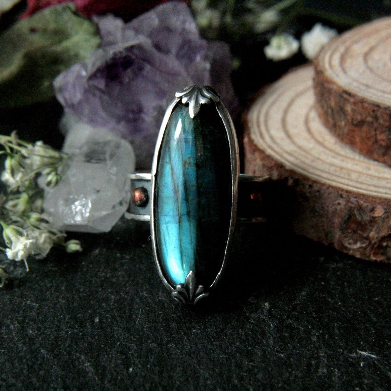 Size L 1/4 Labradorite Ring with Copper Accents (US 5.75) - Andune Jewellery