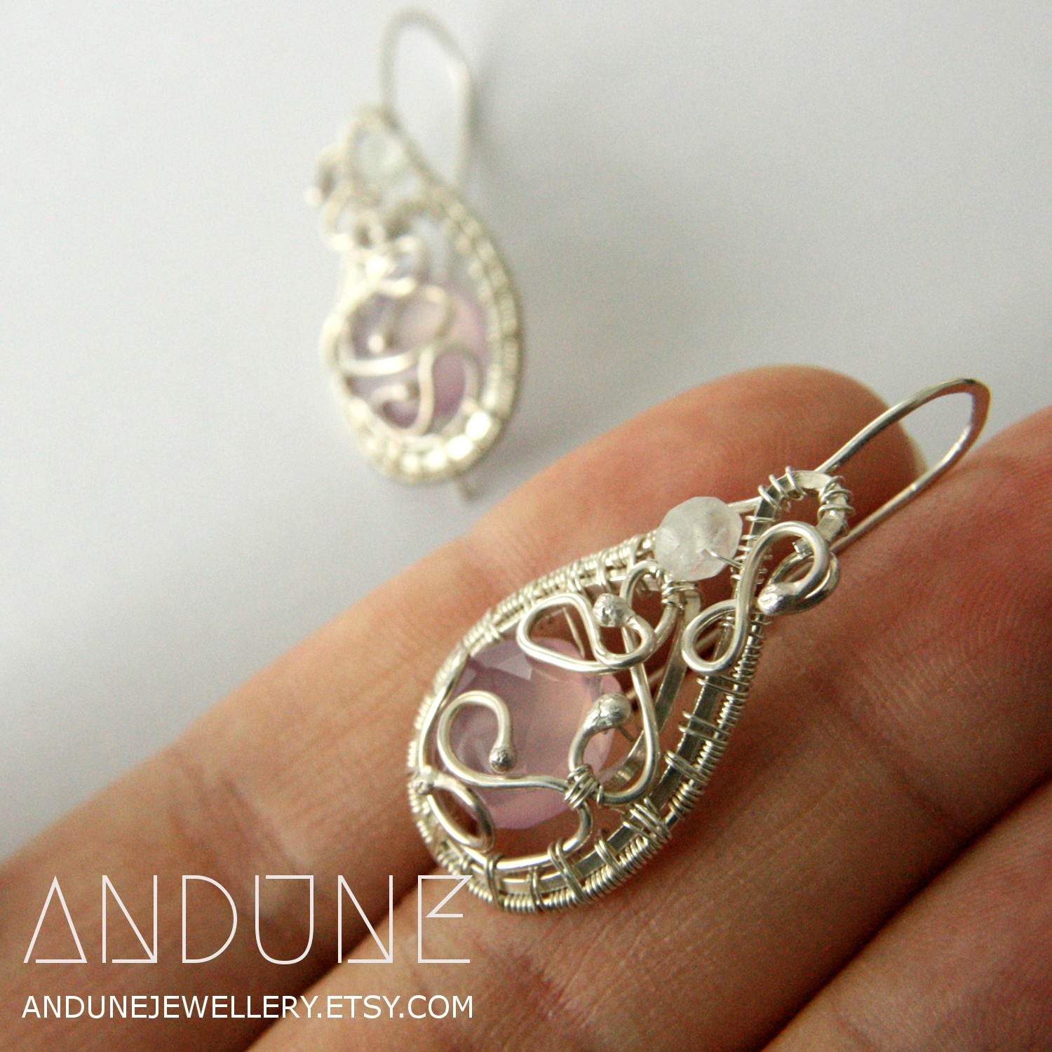 Wire Wrapped Earrings with Chalcedony and Moonstone - Andune Jewellery